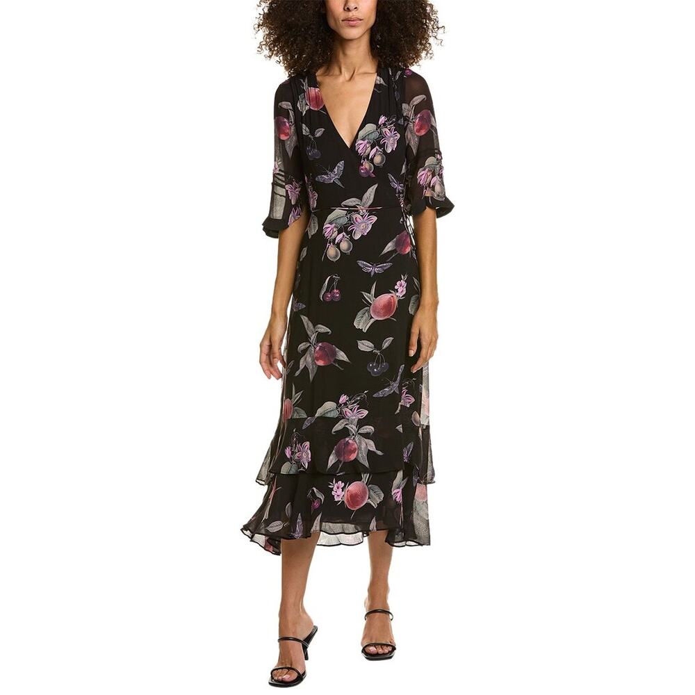 ALLSAINTS Delana Soleil Printed Maxi True Wrap Dress Size 2 Black Fruit - Picture 2 of 7